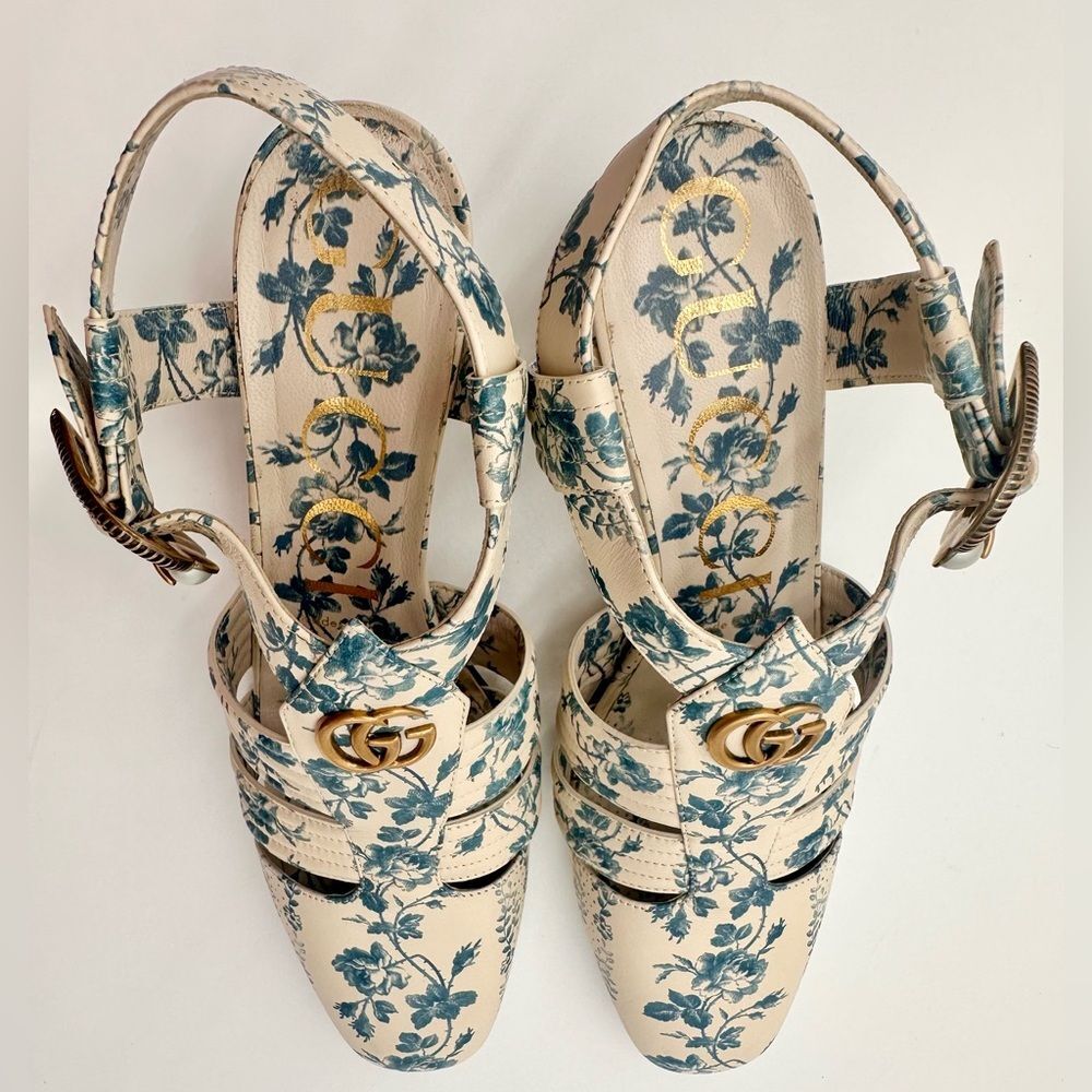 Gucci Gea GG Mid Heel Buds/Floral Blue Leather T-Strap  Sandal Pump EU37.5 US7.5 - Picture 7 of 13